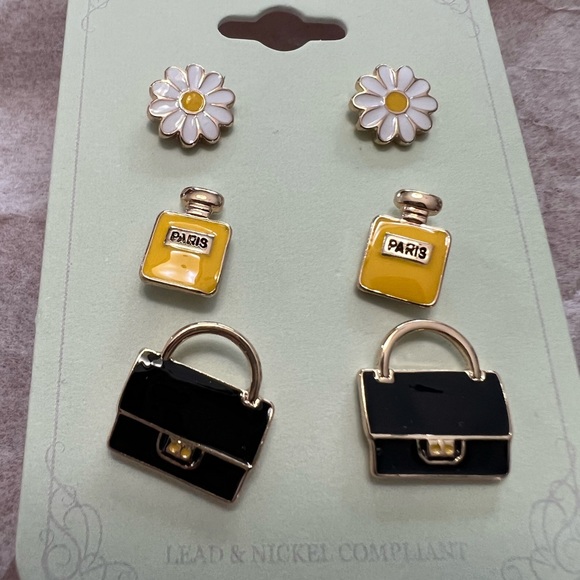 NWT Set/3 post earrings. Icon collection purse, perfume bottle & flowers. - Picture 3 of 4